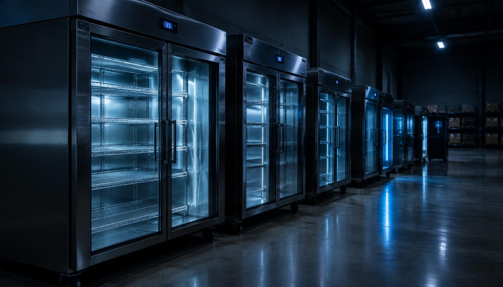 Commercial refrigerators in a warehouse